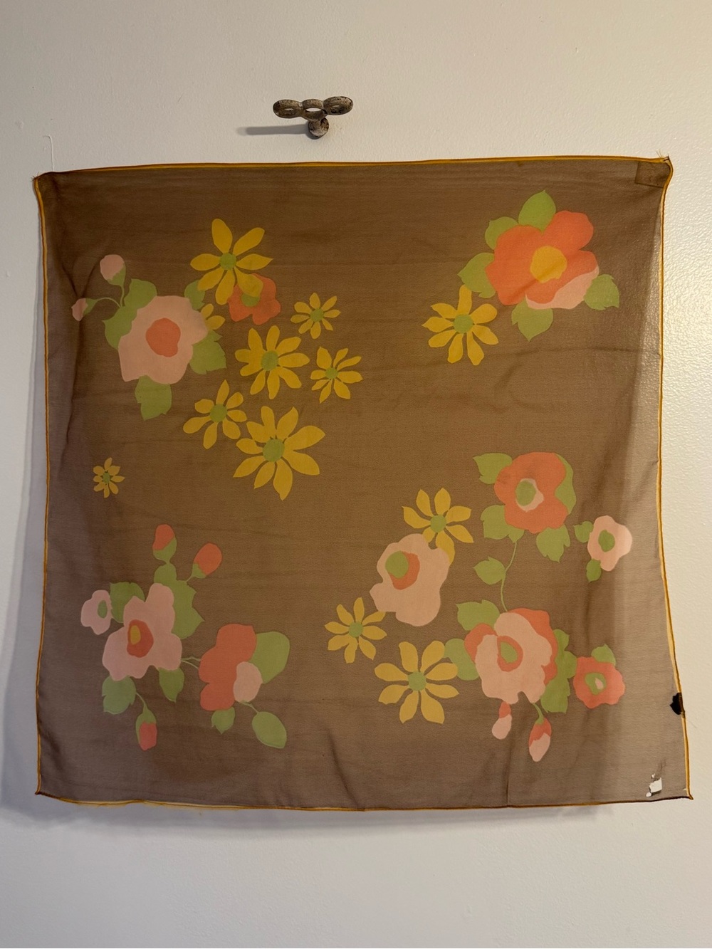 Vintage 1960s 70s Sheer Brown Floral Square Scarf.